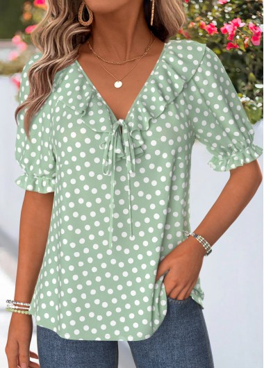 women clothes image of Light Green Polka Dot Ruffle Short Sleeve Blouse
