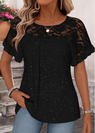 women clothes image of Black Patchwork Short Sleeve Round Neck T Shirt
