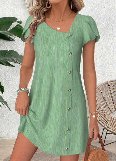 women clothes image of Sage Green Short Asymmetry Asymmetrical Neck Dress