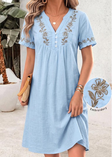 women clothes image of Light Blue Floral Print Short Shirred V Neck Dress