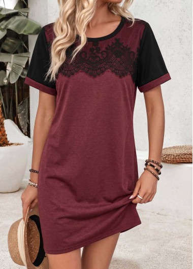women clothes image of Wine Red Short Tummy Coverage Round Neck Dress