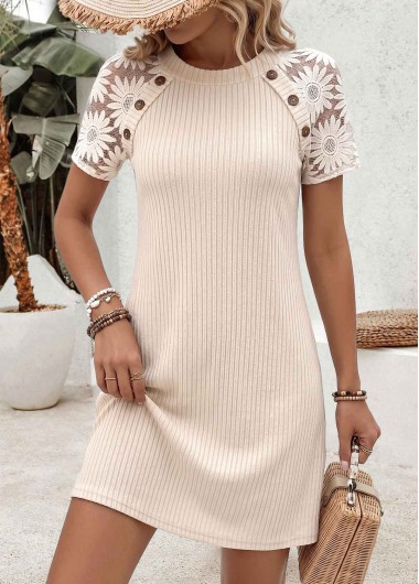 women clothes image of Beige Short Patchwork Round Neck Dress