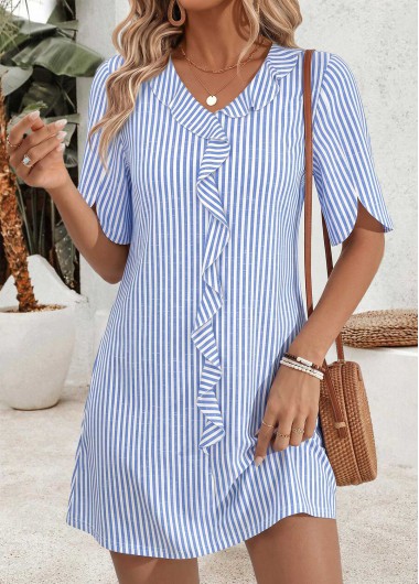 women clothes image of Light Blue Striped Short Frill V Neck Dress