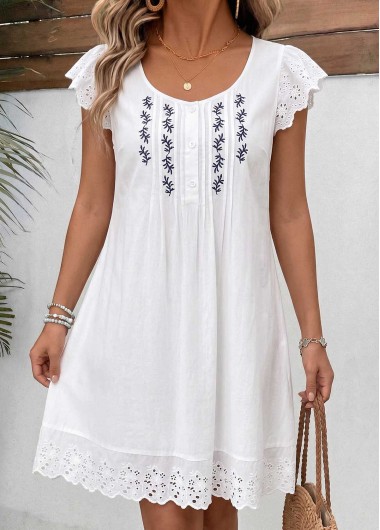 women clothes image of White Floral Print Short Patchwork Round Neck Dress
