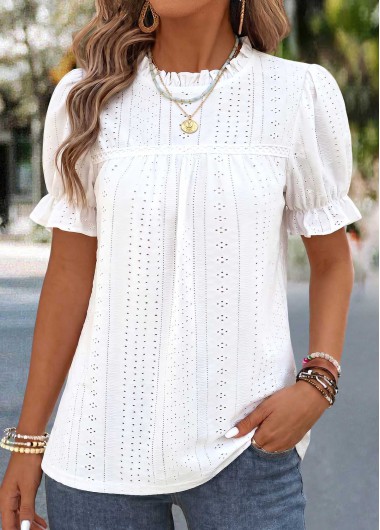 women clothes image of Raw White Frill Short Sleeve Round Neck Blouse
