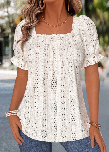women clothes image of Beige Patchwork Short Sleeve Square Neck Blouse