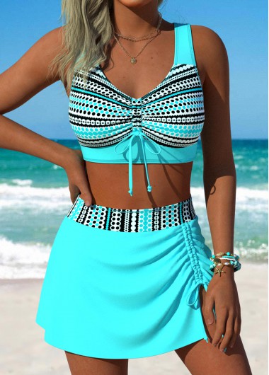 women clothes image of Cyan Mid Waisted Front Slit Hem Bikini Set