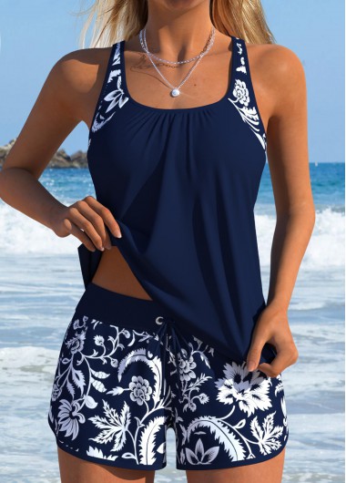 women clothes image of Navy Mid Waisted Pocket Random Floral Print Tankini Set