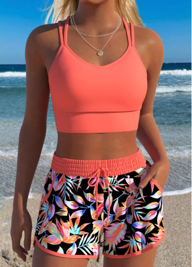 women clothes image of Coral Mid Waisted Layered Tropical Plants Print Bikini Set