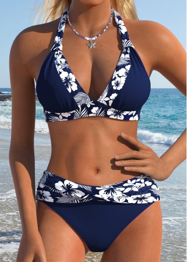 women clothes image of Navy Mid Waisted Patchwork Floral Print Bikini Set