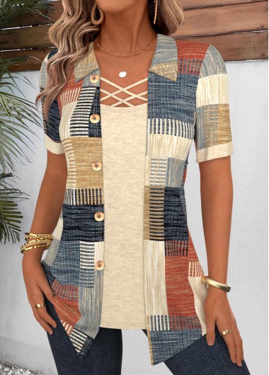 women clothes image of Multi Color Geometric Print Fake Two Piece Twinset