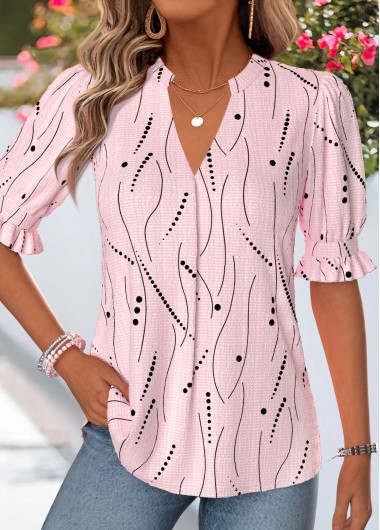 women clothes image of Light Pink Geometric Print Shirred Half Sleeve Blouse