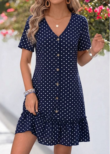 women clothes image of Navy Polka Dot Short Patchwork V Neck Dress