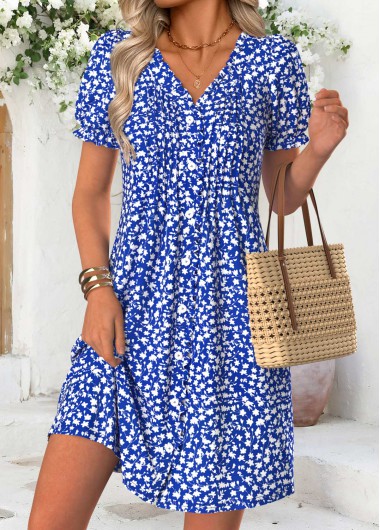 women clothes image of Royal Blue Ditsy Floral Print Short Tuck Stitch Dress