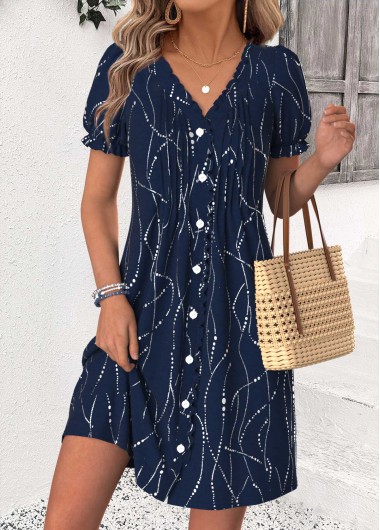 women clothes image of Navy Geometric Print Short Tuck Stitch V Neck Dress