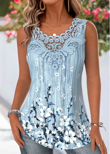 women clothes image of Grey Floral Print Tummy Coverage Sleeveless Tank Top