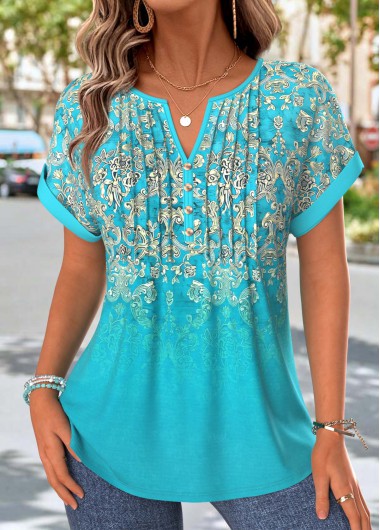 women clothes image of Mint Green Tribal Print Tuck Stitch T Shirt