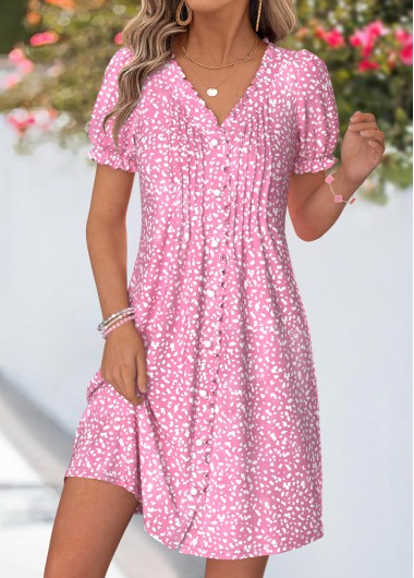 women clothes image of Pink Geometric Print Short Tuck Stitch V Neck Dress