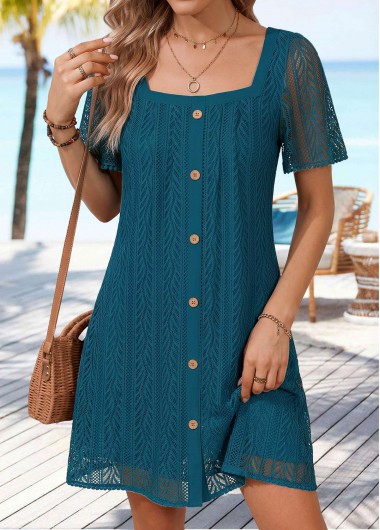 women clothes image of Turquoise Short Tuck Stitch Square Neck Dress
