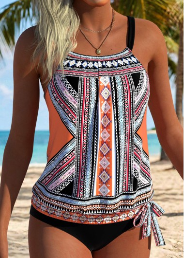 women clothes image of Multi Color Mid Waisted Blouson Tribal Print Tankini Set