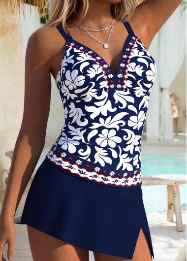 women clothes image of Navy Mid Waisted Patchwork Random Floral Print Tankini Set