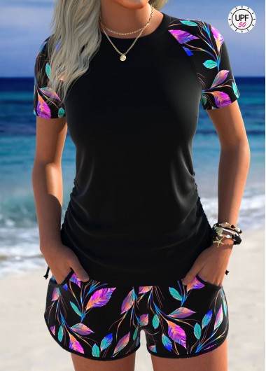 women clothes image of Black Mid Waisted Drawstring Leaf Print Tankini Set