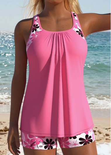 women clothes image of Pink Mid Waisted Two-piece Floral Print Tankini Set