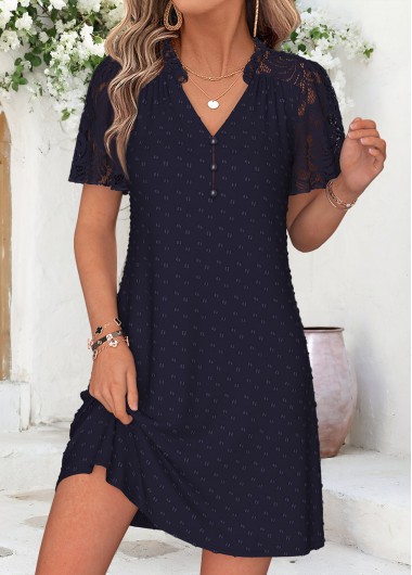 women clothes image of Navy Short Patchwork Split Neck Dress