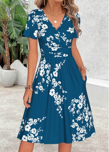 women clothes image of Turquoise Floral Print Shirred Short Sleeve V Neck Dress