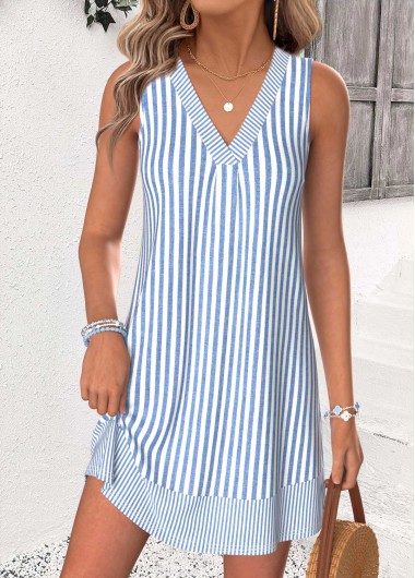 women clothes image of Blue Striped Short Tummy Coverage Sleeveless V Neck Dress