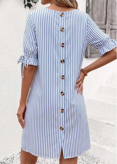 women clothes image of Blue Striped Short Shirred Half Sleeve Round Neck Dress