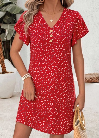 women clothes image of Red Geometric Print Short Tummy Coverage V Neck Dress