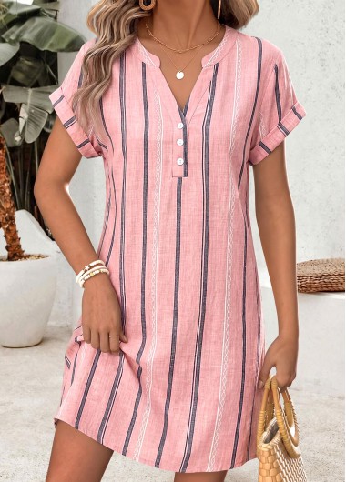 women clothes image of Pink Multi Stripe Print Short Button Split Neck Dress