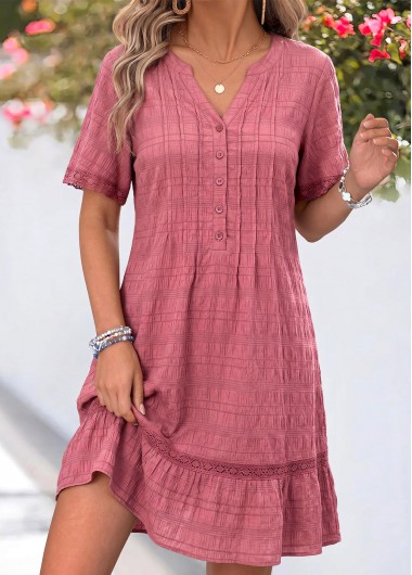 women clothes image of Pink Short Tummy Coverage Split Neck Dress