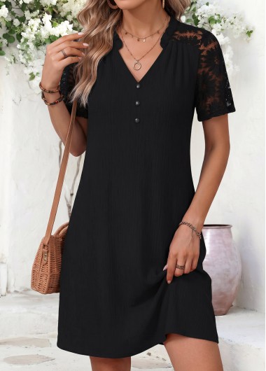 women clothes image of Black Short Patchwork V Neck Dress