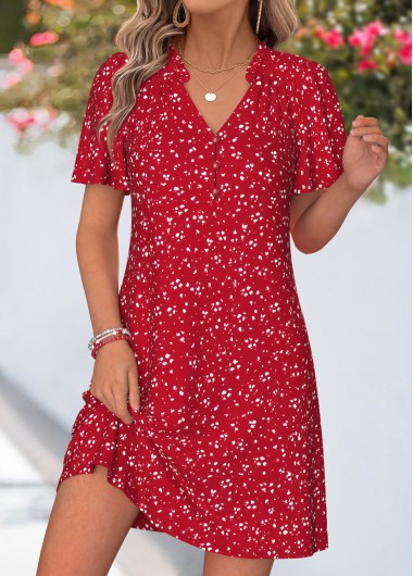 women clothes image of Red Geometric Print Short Frill V Neck Dress