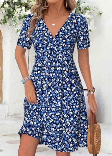 women clothes image of Blue Floral Print Twist Short Sleeve V Neck Dress