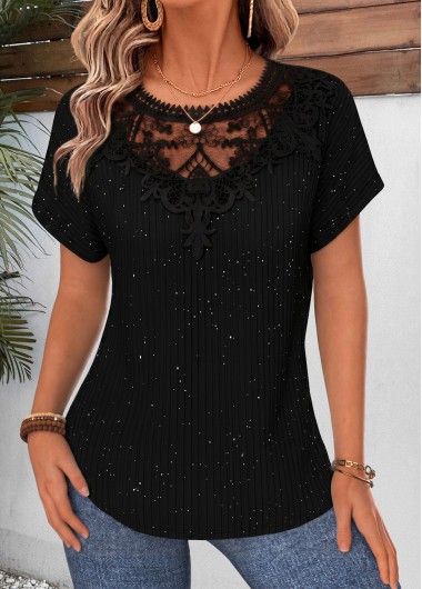 women clothes image of Black Lace Trim Short Sleeve Round Neck Blouse