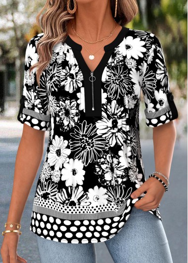 women clothes image of Black Floral Print Tuck Stitch Short Sleeve Blouse