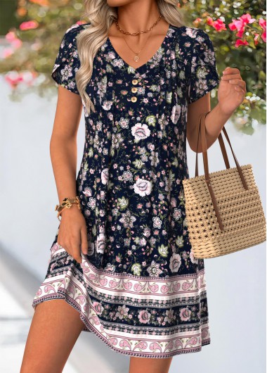 women clothes image of Multi Color Floral Print Short Tuck Stitch Dress
