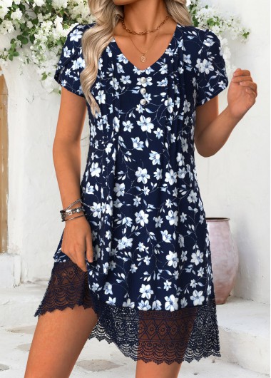 women clothes image of Blue Floral Print Short V Neck Dress
