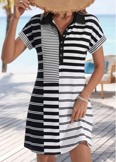 women clothes image of Black Striped Short Shirt Collar Dress