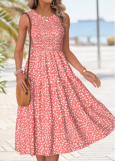 women clothes image of Pink Polka Dot Tummy Coverage Sleeveless Round Neck Dress