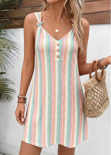 women clothes image of Multi Color Striped Short Twist Strappy V Neck Dress