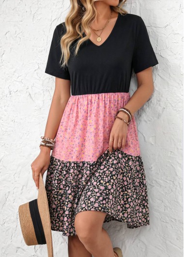 women clothes image of Multi Color Ditsy Floral Print Short Patchwork Dress