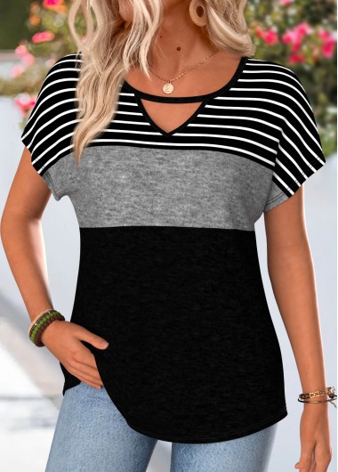 women clothes image of Black Striped Short Sleeve Round Neck T Shirt