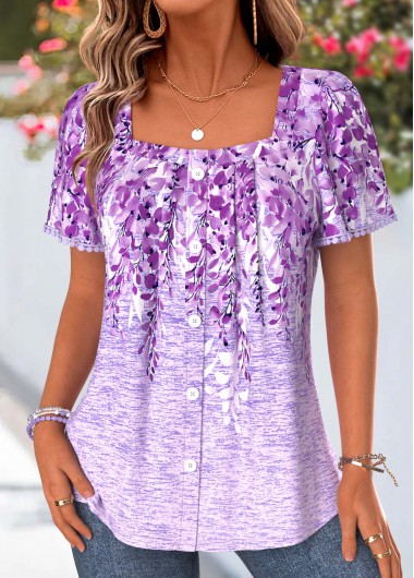 women clothes image of Purple Floral Print Tummy Coverage Short Sleeve Blouse