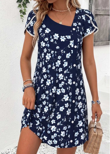 women clothes image of Navy Short Tummy Coverage Asymmetrical Neck Dress