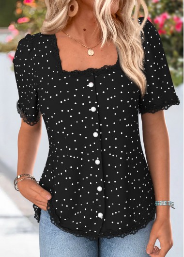 women clothes image of Black Polka Dot Patchwork Short Sleeve Square Neck Blouse