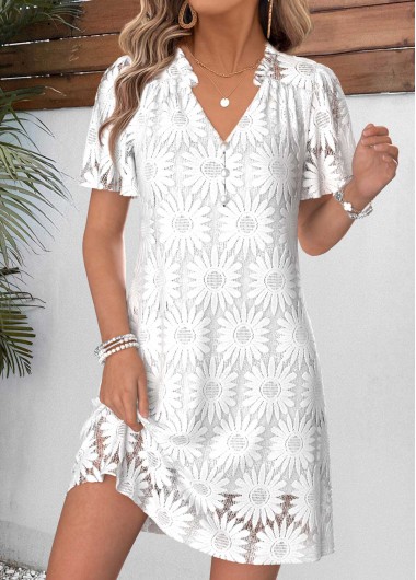 women clothes image of White Geometric Print Short Layered Split Neck Dress